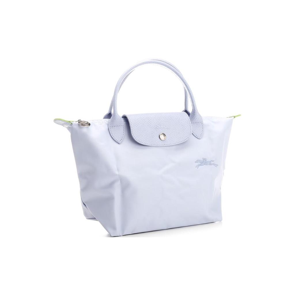 LONGCHAMP Le Pliage Green Cow Leather Trim Dumpling Bag Handbag Small Womens Light Blue