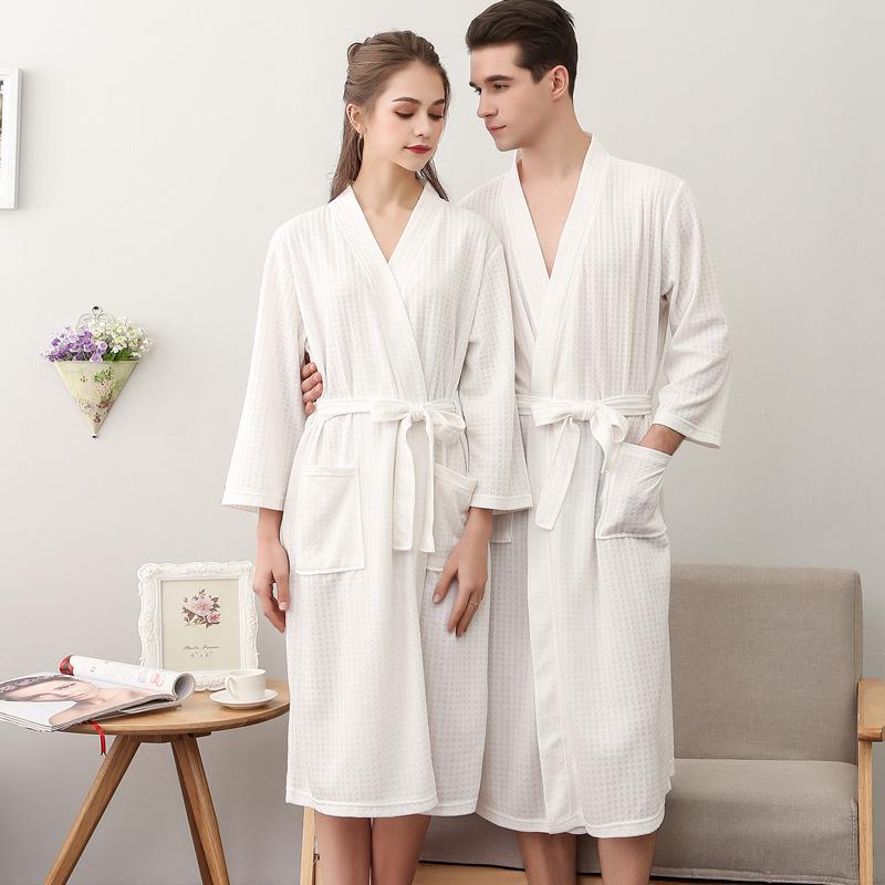 Summer Waffle Mid-Length Bathrobe - Unisex Seven-Sleeve Pajama & Homewear for Couples