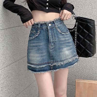 Unieke Charmante Half-body Rok Dunne Sectie Dagelijks Ontwerpgevoel Retro Jute Hoge Taille A-lijn Pak Heup Rok Dames Zomer Mode Denim Korte Rok
