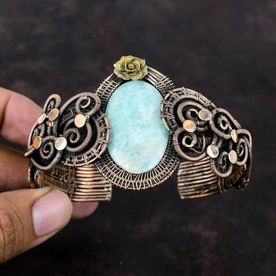 Amazonite Cuff Bracelet Copper Wire Wrapped Cuff Adjustable Bangle Handmade Copper Jewelry Flower Bangle Gift For Her Real Gemstone Bracelet