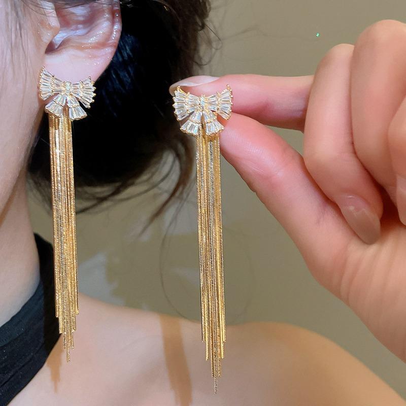 New Trendy Full CZ Cubic Zirconia Bowknot Long Chain Tassel Drop Earrings for Women 18K Real Gold Silver Plated Copper