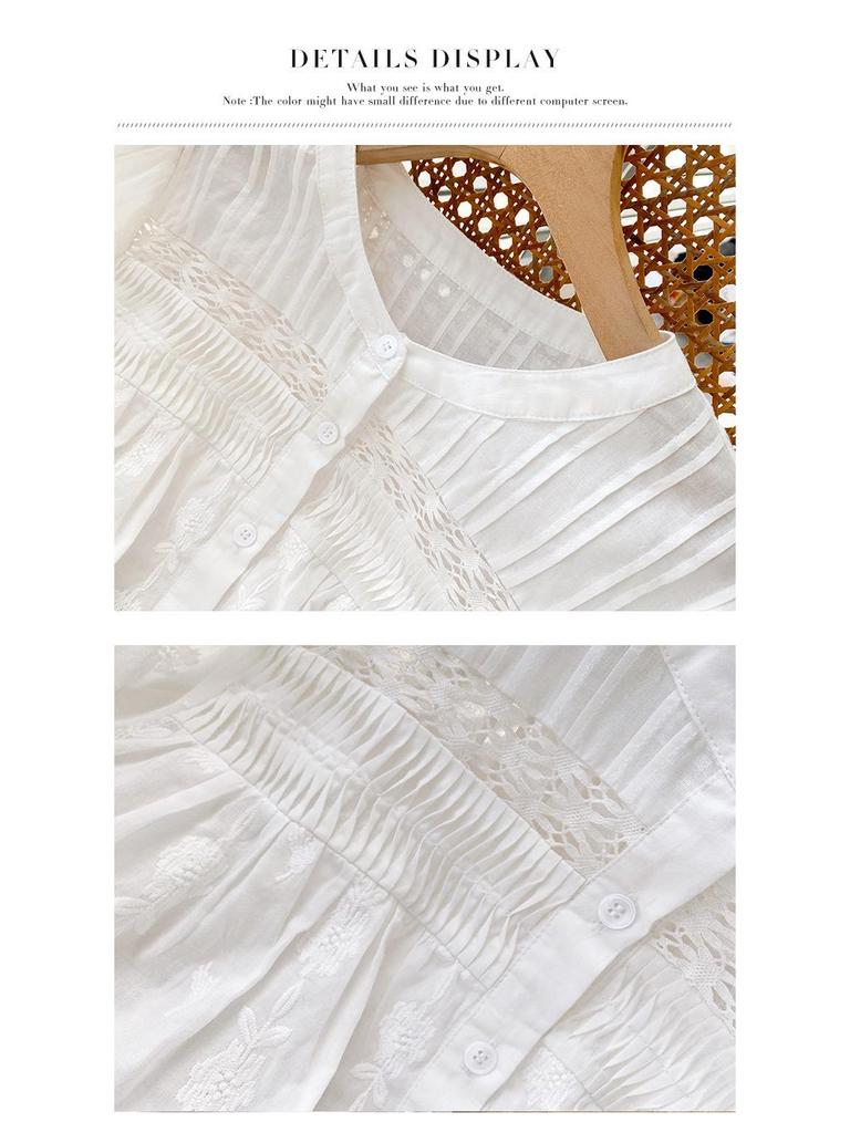 Damenbluse im europäischen Stil mit französischer Stickerei, langen Ärmeln und in Weiß