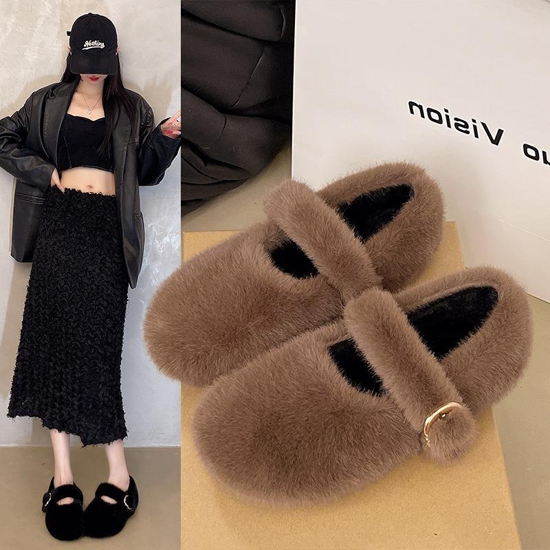 Sweet fluffy shoes for women outside, winter new velvet beanie shoes, shallow mouth trendy, flat bottom warm cotton shoes for women