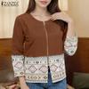 ZANZEA Women Casual Round Neck Long Sleeve Ethnic Print Loose Zipper Blouse