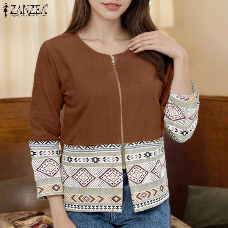 ZANZEA Women Casual Round Neck Long Sleeve Ethnic Print Loose Zipper Blouse