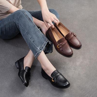 Retro Commuting Loafers British Style Genuine Leather Versatile Women's Low Heeled Shoes