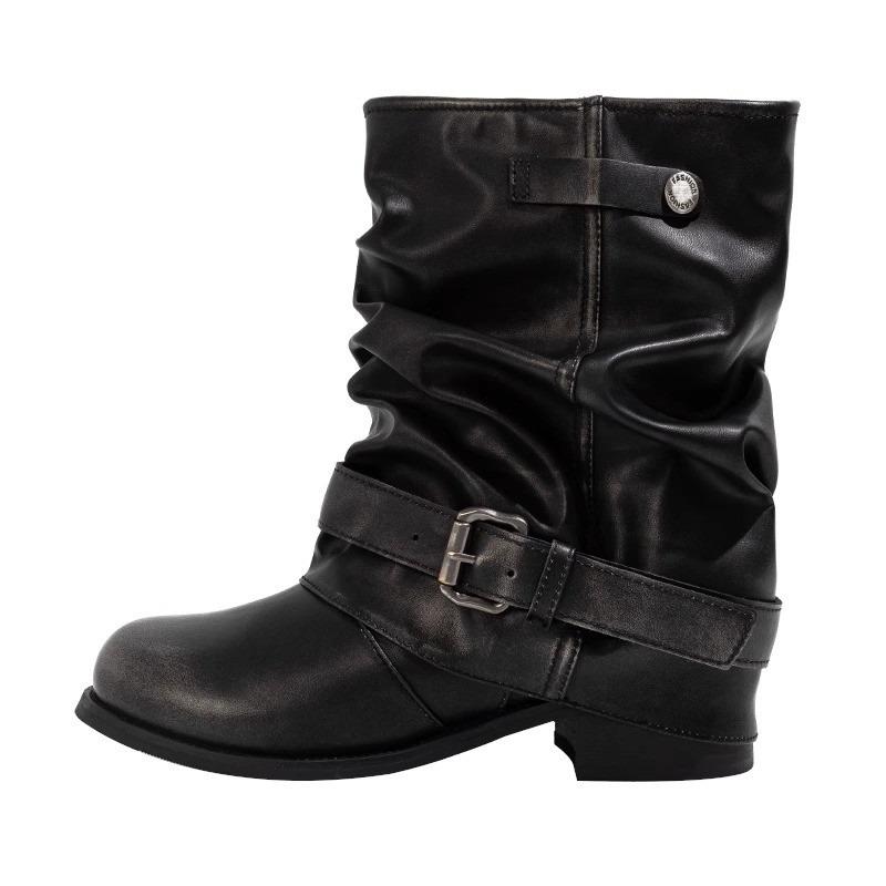 Western Cowboy Boots Women Fall New Round Toe Metal Belt Buckle Pleated Stack Vintage Block Heel Shortho Boots