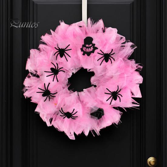Spooky Spider Wreath Halloween Pink Gauze with Spiders Decorative Front Festive Decor Door for Mantel Living Room Bedroom Party Decoration