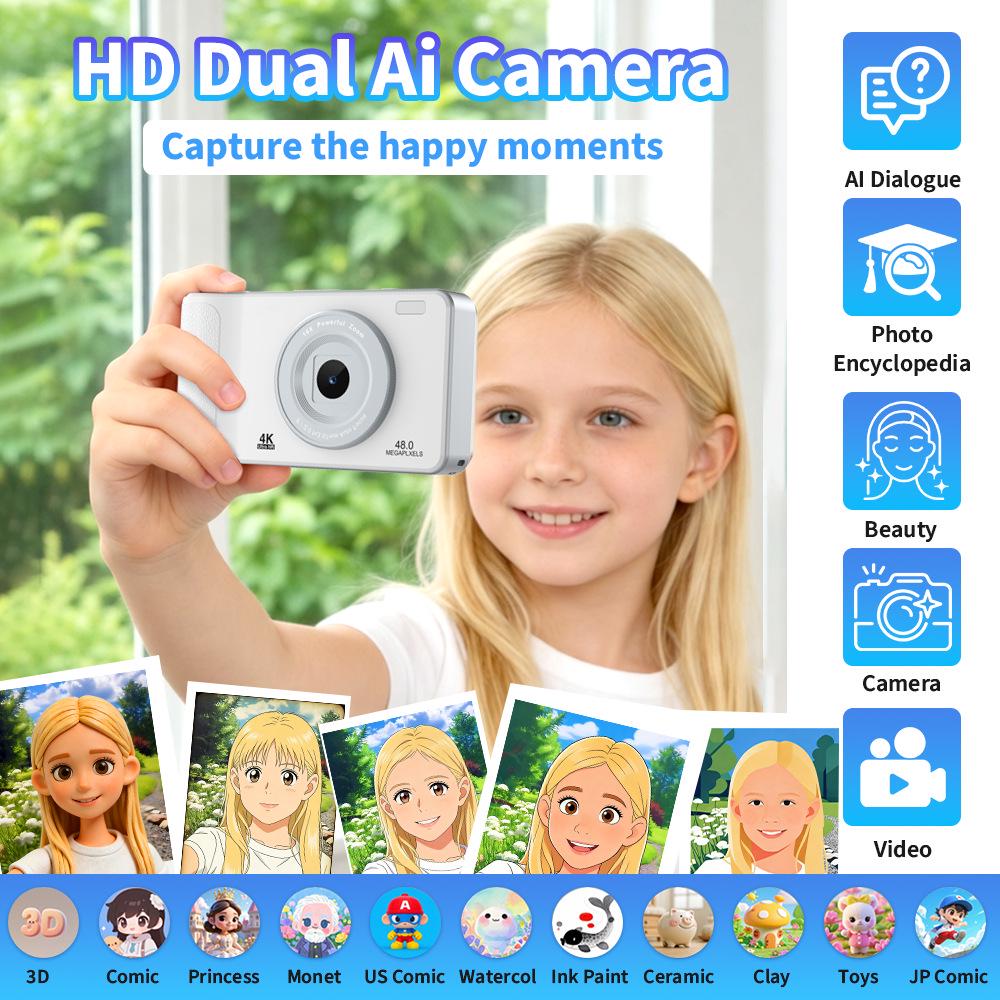 Kids' Digital Touchscreen Camera with AI Autofocus, Object Recognition, Dual-Band WiFi, and Dual Cameras