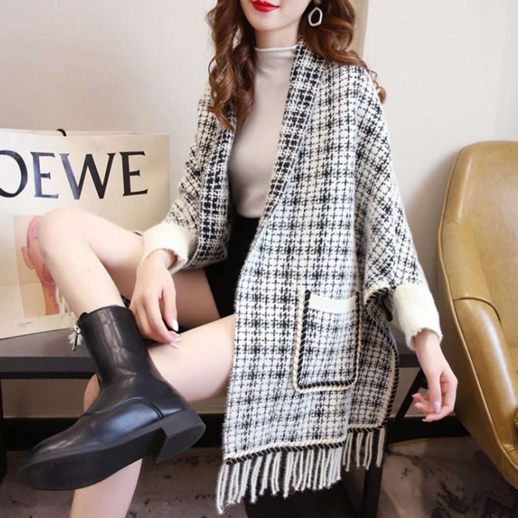 Cashmere Women's Tweed Pocket Cardigan Shawl Knit Cape