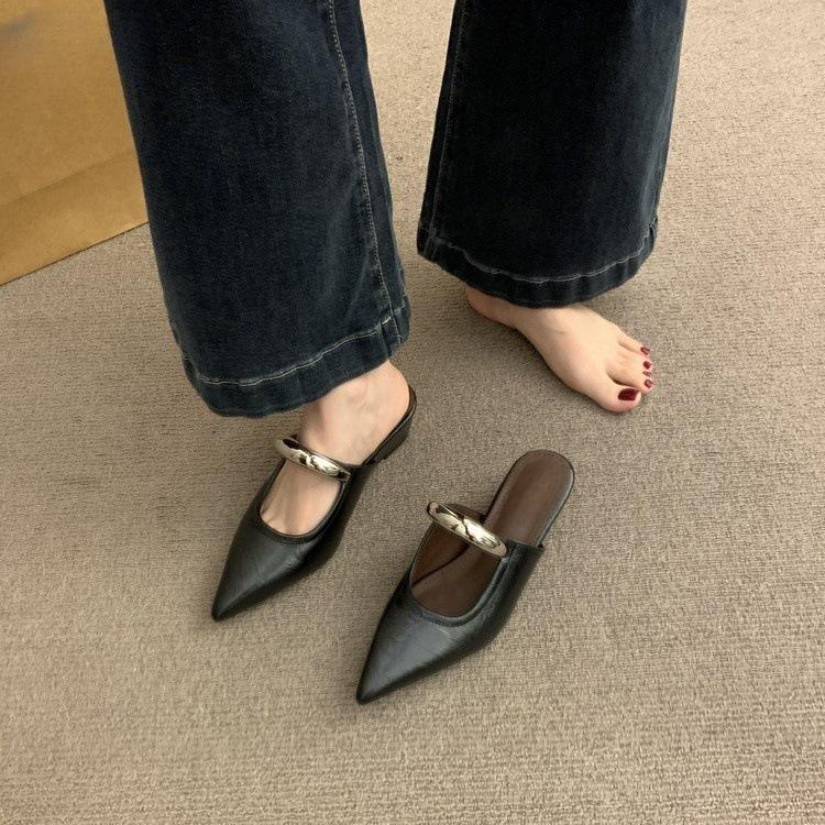 pointed toe bag head half slippers women's spring and autumn new small slope heel single shoes one pedal low heel flat shoes cool slippers