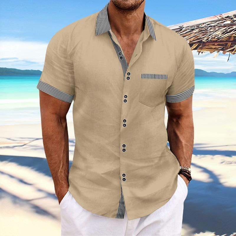 Mens Casual Striped Patchwork Short Sleeve Button Down Shirt