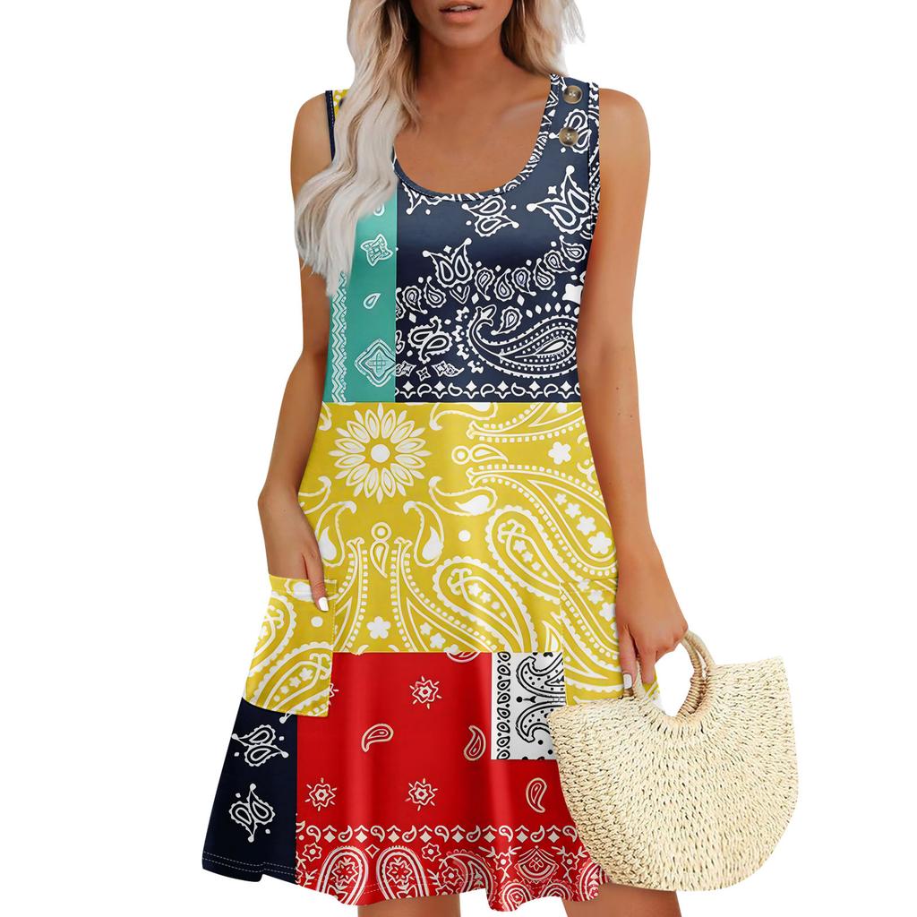 Summer Dresses For Women Beach Boho Sleeveless Printing Flowy Pocket Tshirt Tank Sundresses