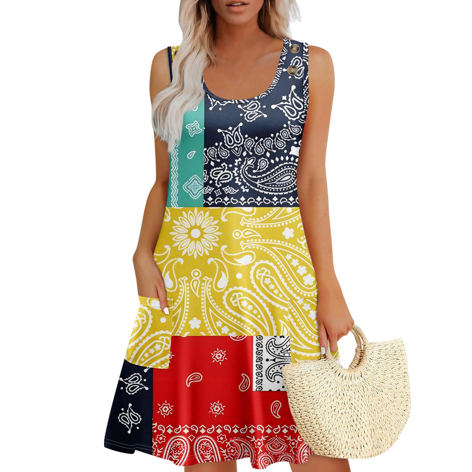 

Летние платья для женщин Пляжный Бохо Без рукавов Принт Струящиеся Карманы Футболки Сарафаны XL красный