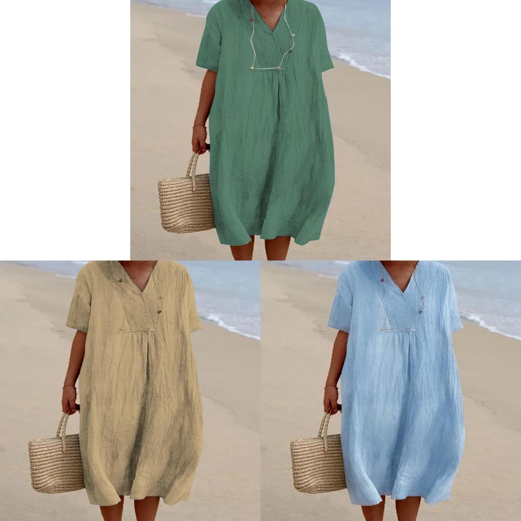 Cotton Linen Casual Dress With Vneck For Summer Womens Fashion