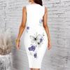 Women Plus Size Sleeveless Round Neck Midi Bodycon Dress Gradient Cherry Blossom Glitter Print Slim Fit Dress