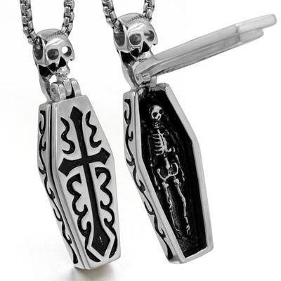 Vintage Men 'S Stainless Steel Steampunk Coffin Vampire Skull Skeleton Pendant Necklace Gothic Punk Rock Biker Jewelry Gift