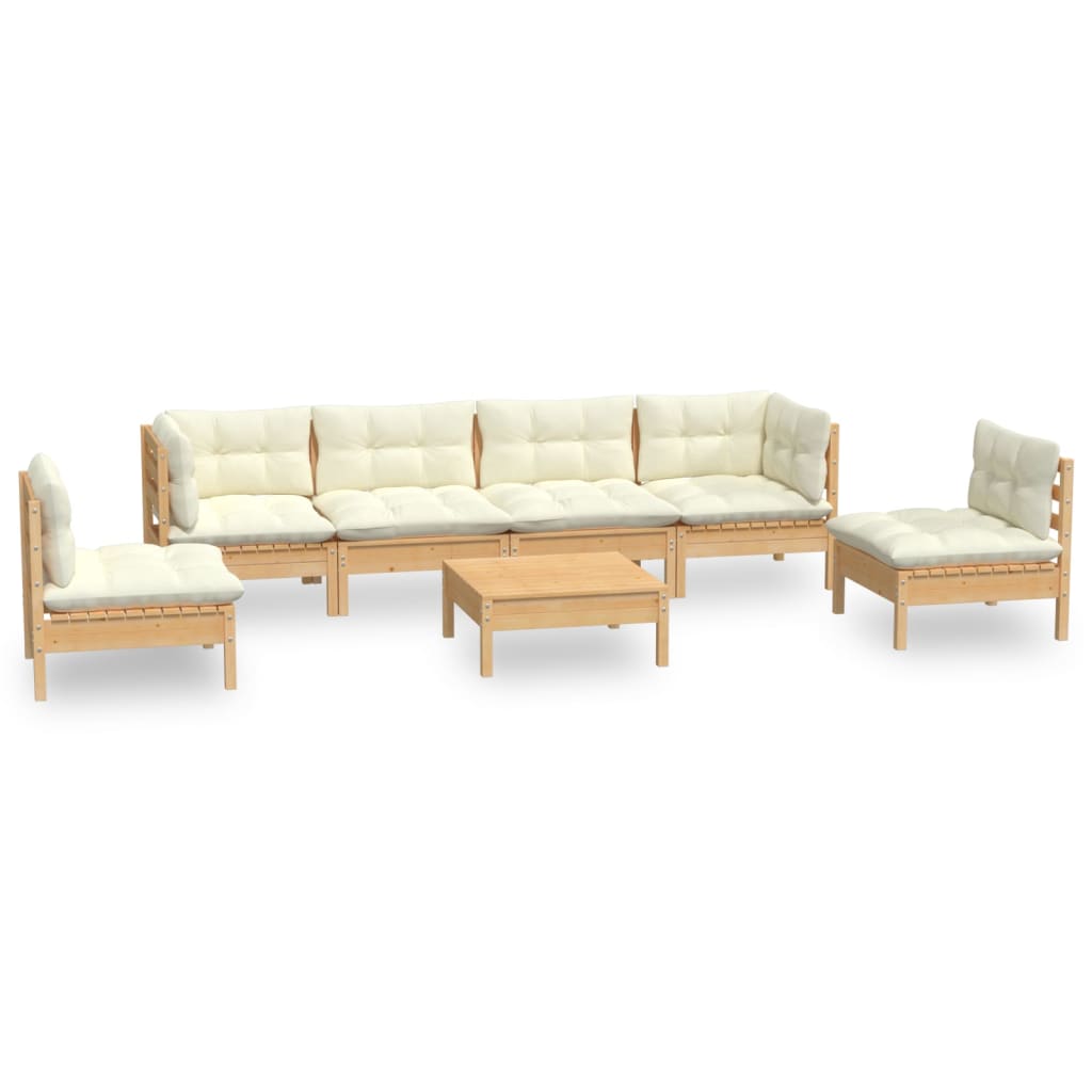 Vidaxl 7-Cz. Garden Lounge Set, Cream Cushions, Pine