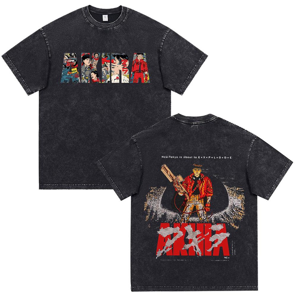 Anime Akira Vintage Washed T Shirt 90s Science Fiction Movie Shotaro Kaneda Short Sleeve T Shirts Cotton Casual Loose T-shirts