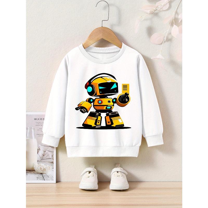 Kids Sweatshirt Creative Robot Print Casual Crew Neck Long-sleeved Sweatshirt, Trendy Pullover Sportswear For Spring And Autumn