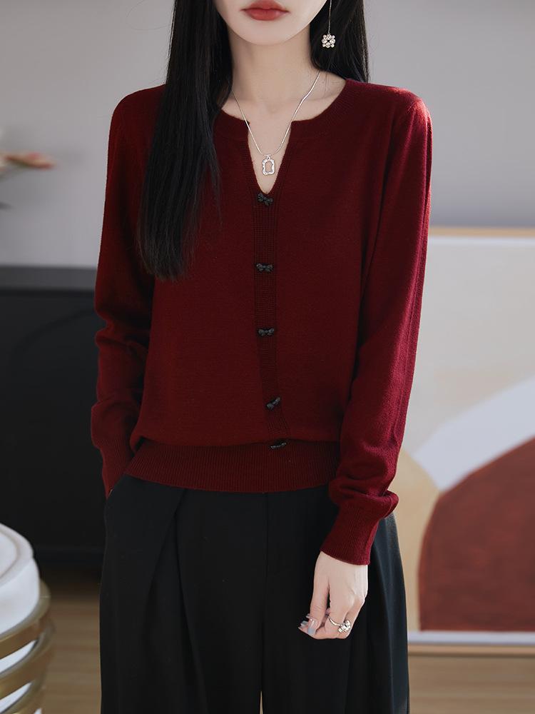 

Женский кардиган из шерсти с V-образным вырезом и бантом - Длинный рукав, Весна/Осень, Повседневный вязаный свитер высокого класса, Универсальный тонкий верхний слой XL красный