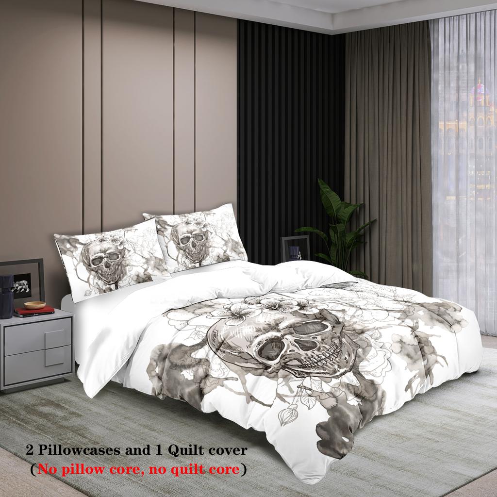 3-Piece Down Duvet Cover (1 Down Duvet Cover+2 Pillowcases No Core) Skull And Flower Head Digital Printed Bedding Soft Warm
