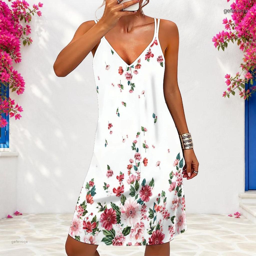 Women Plus Size V Neck Double Straps Sleeveless Color Block Printed Curved Hem Mini Dress
