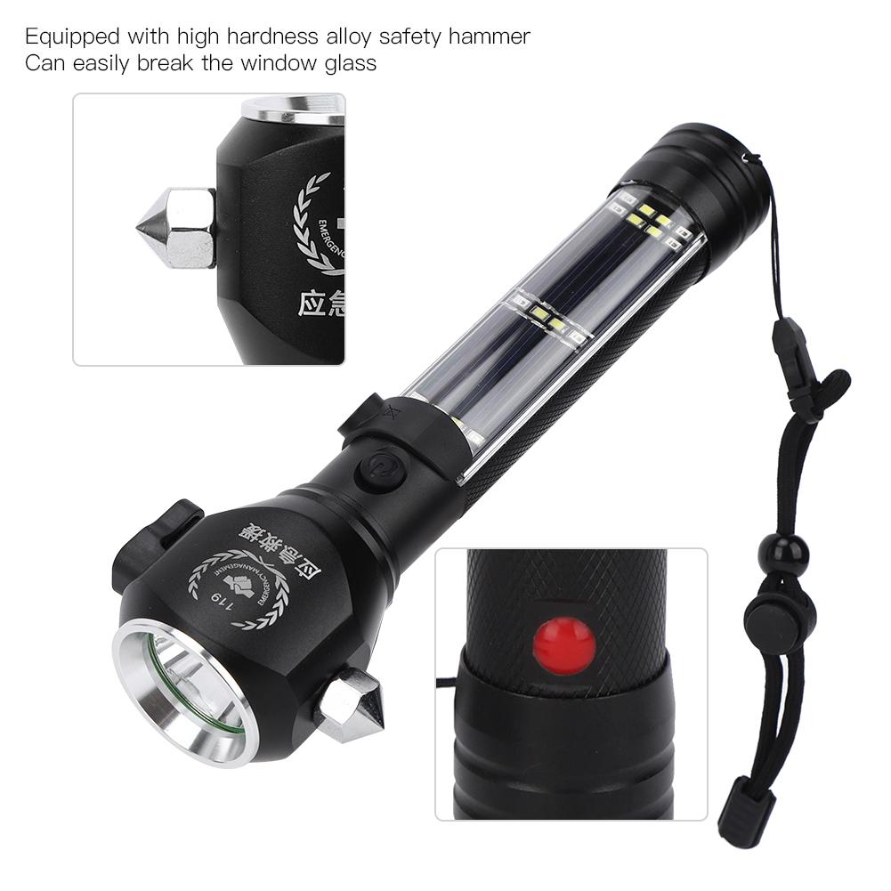 Solar Power Working Lamp Outdoor Defensive Strong Light Multifunction Emergency Flashlight with Safety Hammer