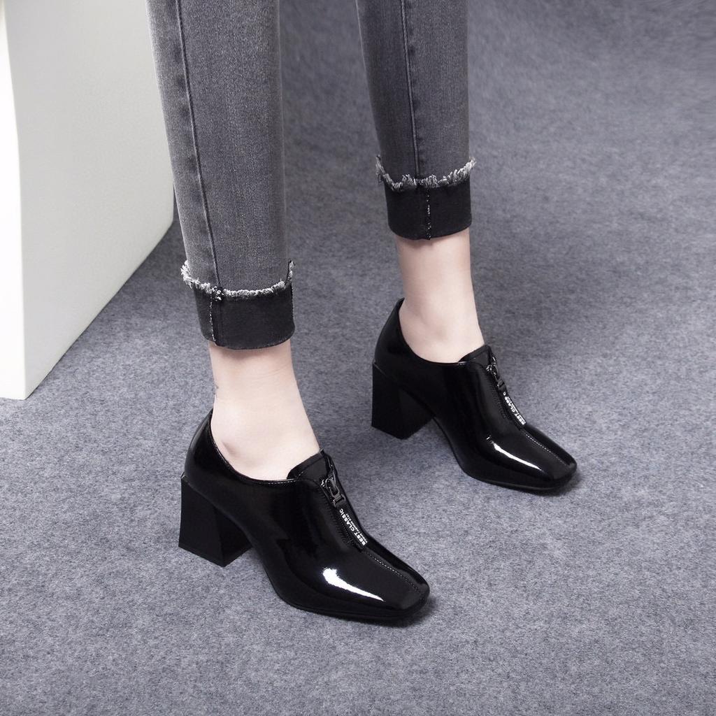 High Heels Early Spring New Square Head Front Zipper Square Heel Thick Heel Women's Shoes First Layer Cow Patent Leather Single Shoes
