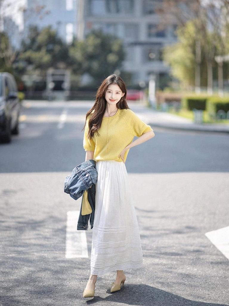 Nanyou Women's White Ramie Embroidered Midi Skirt, High-Waist Elastic, Wide Hem, Spring 2026 Collection