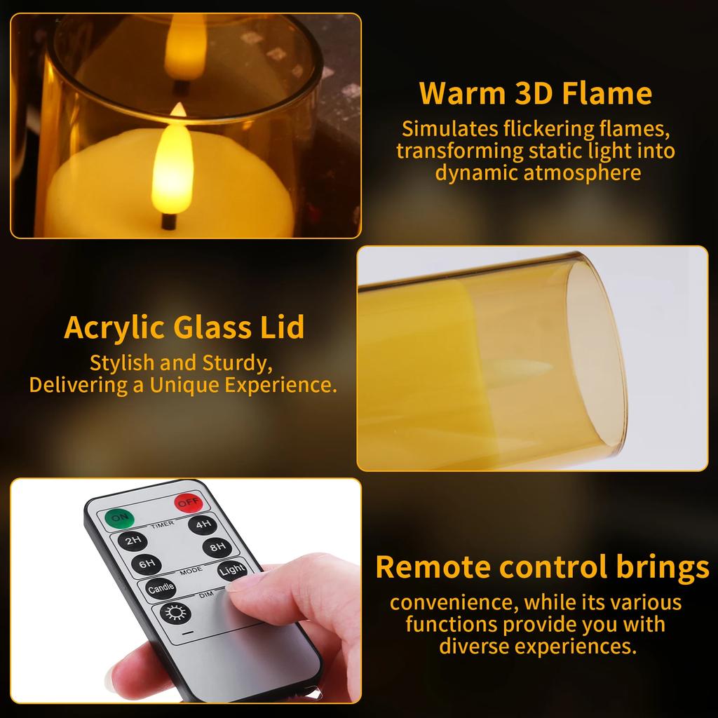 Set of 6/12 Acrylic Flameless Flickering LED Candles with Remote & Timer 3D Wick Pillar Electronic Candles for Wedding Christmas