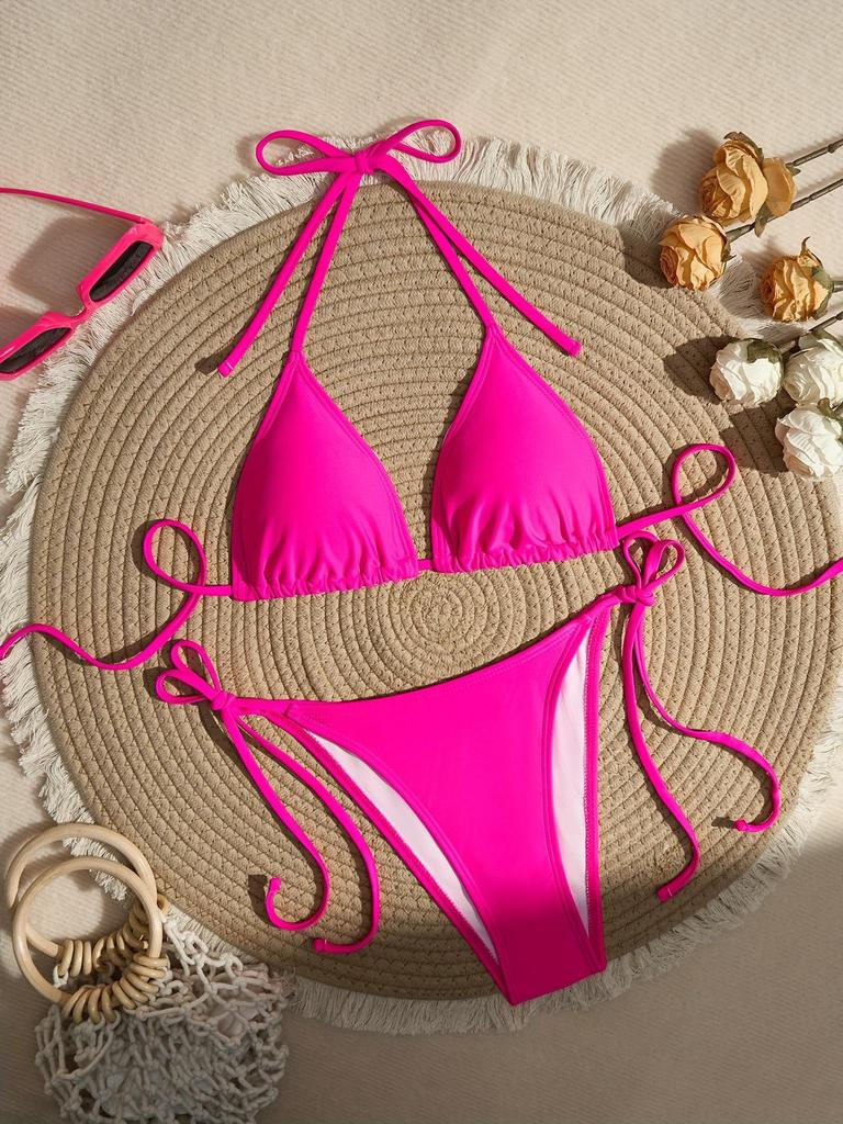 Women's Solid Color Triangle Bikini - Lace-up, High Elasticity, Quick-dry, Breathable, Removable Padding, Sexy Swimwear