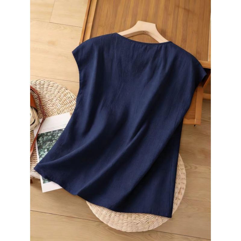 Womens Casual Fashion Sleeveless Linen Cotton Blouse Shirt