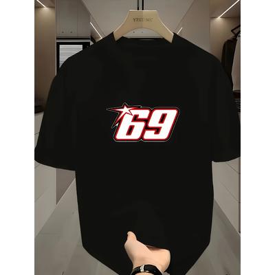 Taglie Europee Maglietta Sportiva da Uomo a Maniche Corte - Rosso Stampa Fantasia Numero 69, Stile Estivo Casual, Top Geometrico Comodo per Tutti i Giorni