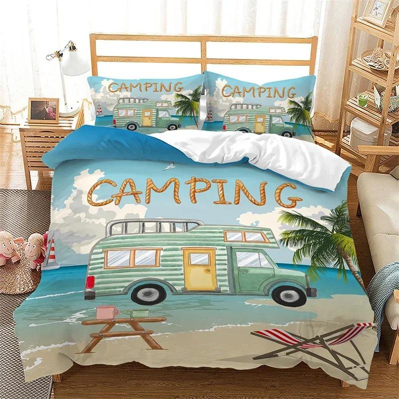 Happy Camping Duvet Cover Microfiber Camping Travel Car Tree Bedding Set Camper Comforter Cover Twin Queen For Boys Girls Teens