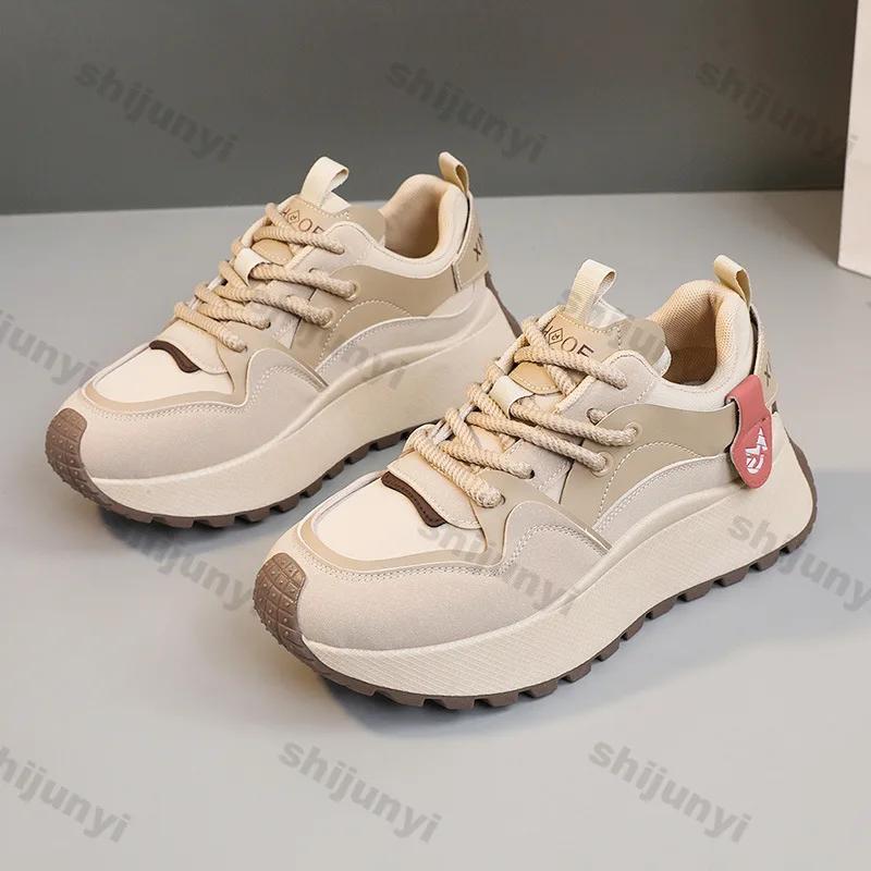 Fashion Fashion Platform Sneakers for Women 2025 Spring Thick Bottom Vulcanized Shoes Woman Lace Up Casual Wear-resistant Running Shoe