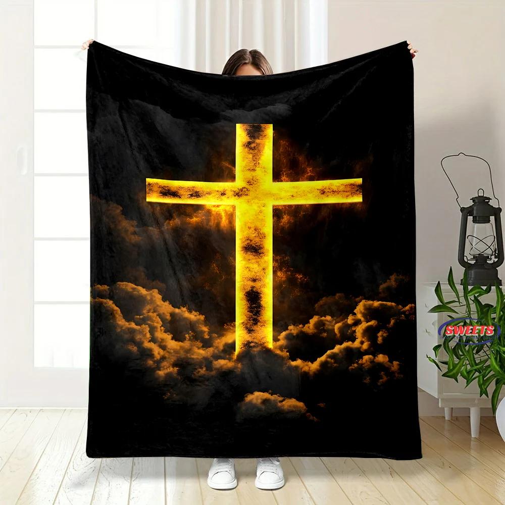 1PC Warm and Cozy Flannel Blanket, Cross Jesus Blanket, Sofa Bedroom Office Leisure Nap Cover Blanket, Machine Washable Blanket