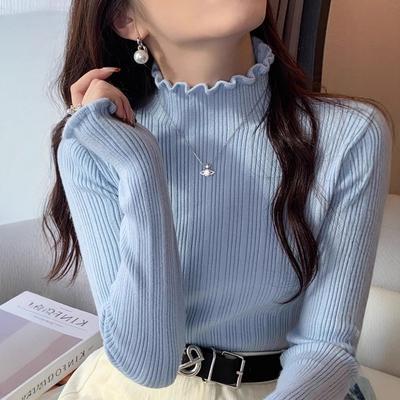 Super Good-looking Fungus Edge Bottoming Shirt Women's Autumn and Winter with White Knitted Sweater Semi-turtleneck Sweater