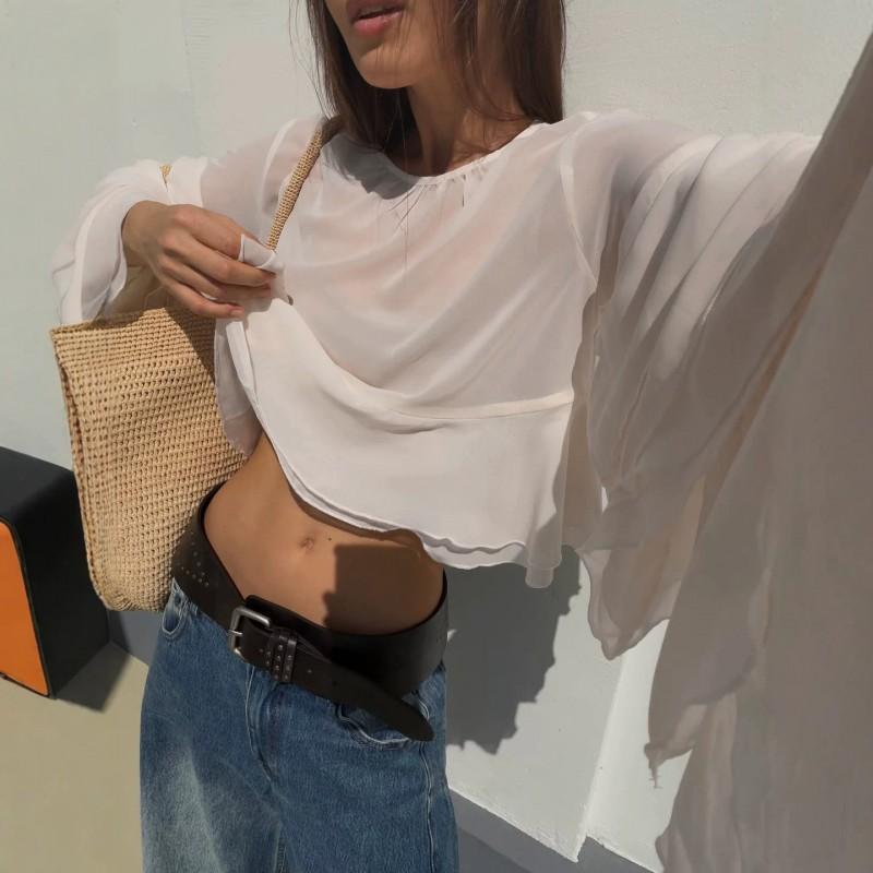 Womens Apricot Chiffon Blouse 2026 Ruffle Sleeve Loose Fit Round Neck Pullover Top