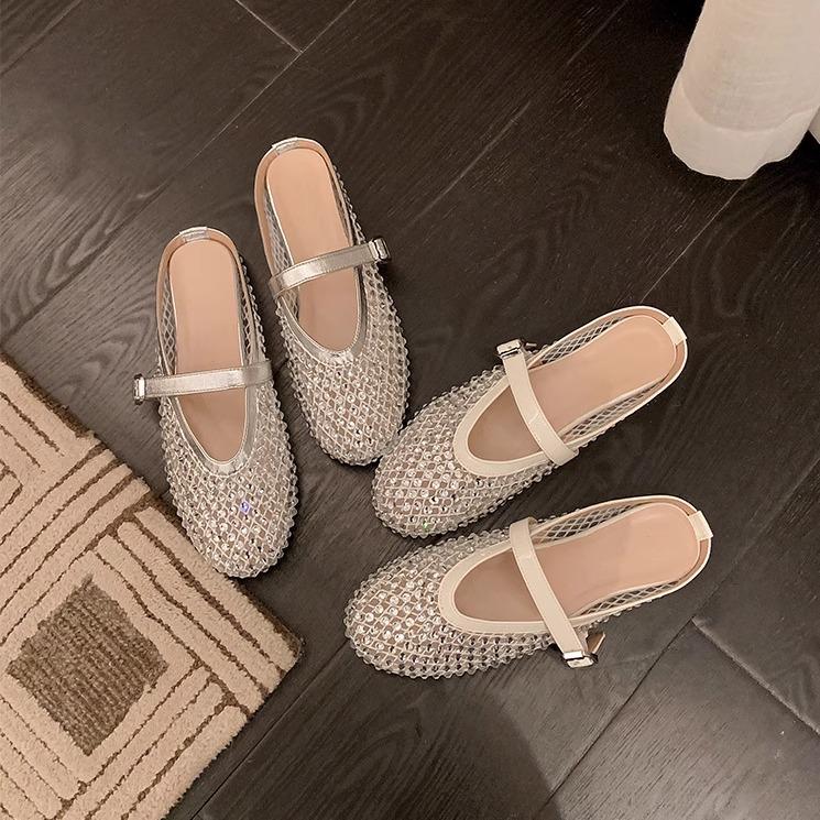 Sheepskin version~ Rhinestone mesh breathable word with bag head half slippers women wear casual holiday sandals