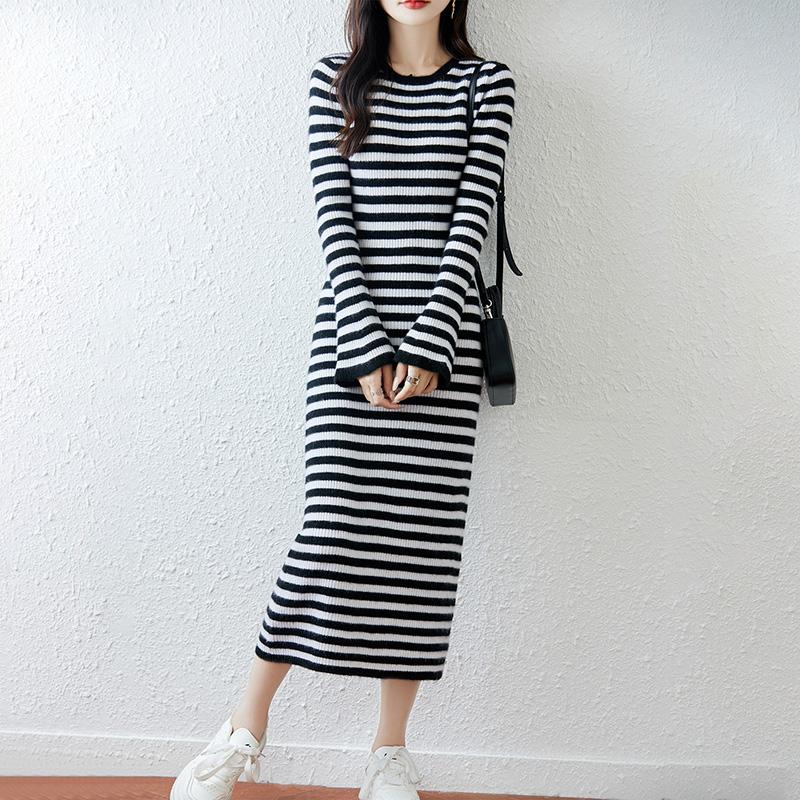 

Женское платье-свитер 100% шерсть TIDENOVEL с круглым вырезом, полосатой вязки, длинный пуловер, зимние джемперы, шерстяное длинное платье, женское 2XL белый