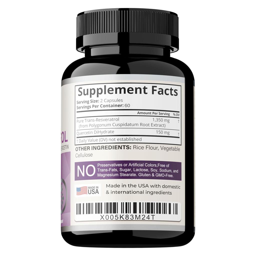 GREVIP Trans-Resveratrol Capsules, Containing Quercetin, 1500mg High Content, Nutritional Supplement, Suitable for Adults