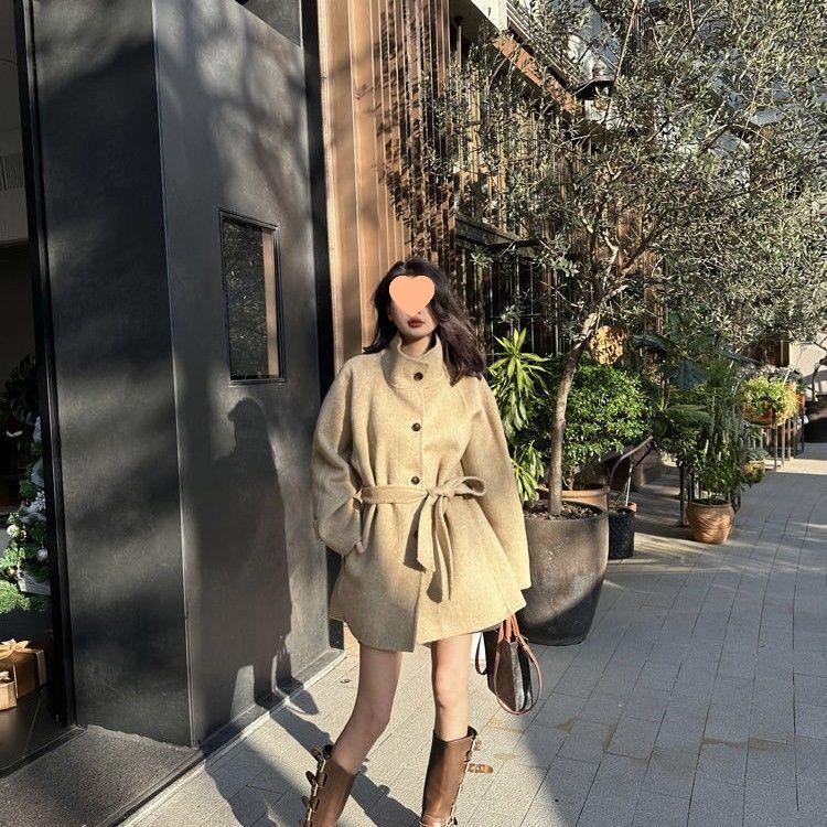 Koreaanse wollen jas voor dames - Herfst/winter, opstaande kraag, petite, losvallende bovenkleding