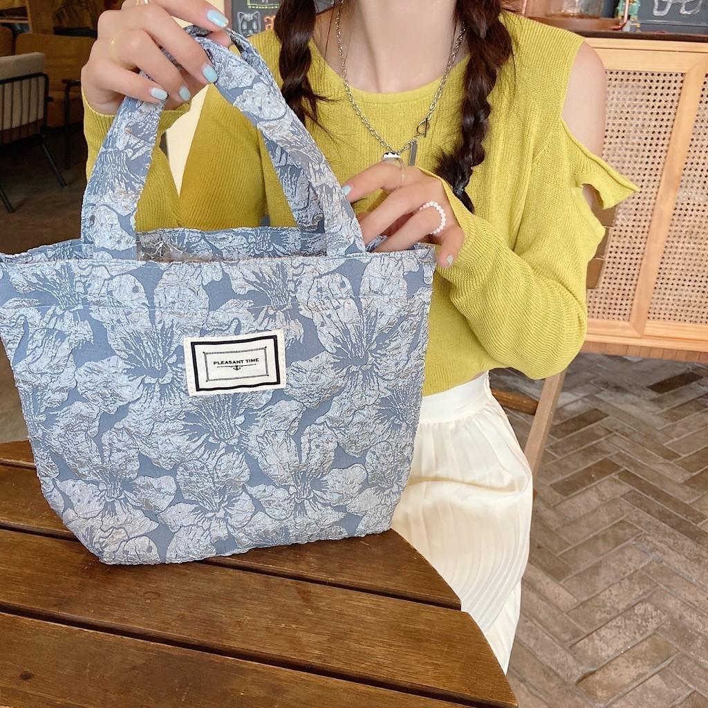 

Elegant Blue Gray Floral Cotton Tote Bag With Soft Embroidered Design Floral Blue