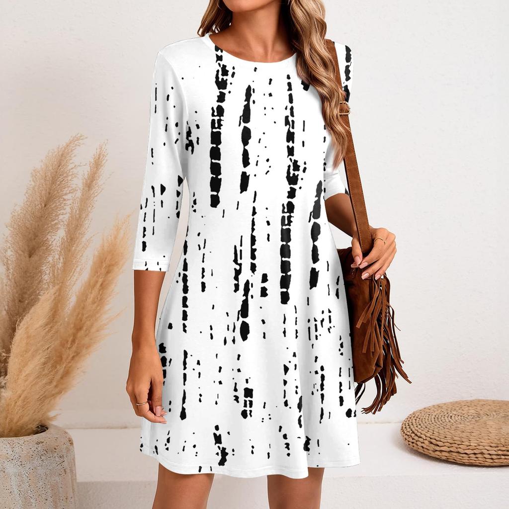 Women's Fashion Casual Print Round Neck Three-quarter Sleeve Short Dress