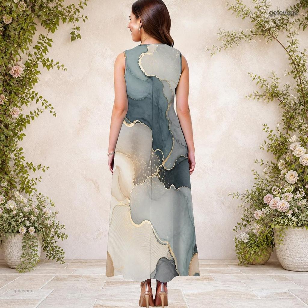 Women Plus Size Keyhole Neck Sleeveless Abstract Printed A Line Maxi Dress