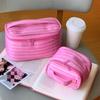 Pink Striped Large Capacity Portable Travel Makeup Bag with Mirror Hand Held Toiletry Organizer Pouch for Women Female Gift