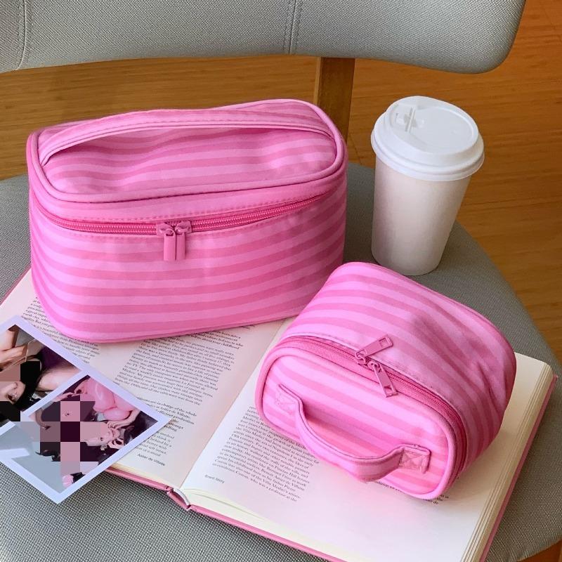Pink Striped Large Capacity Portable Travel Makeup Bag with Mirror Hand Held Toiletry Organizer Pouch for Women Female Gift