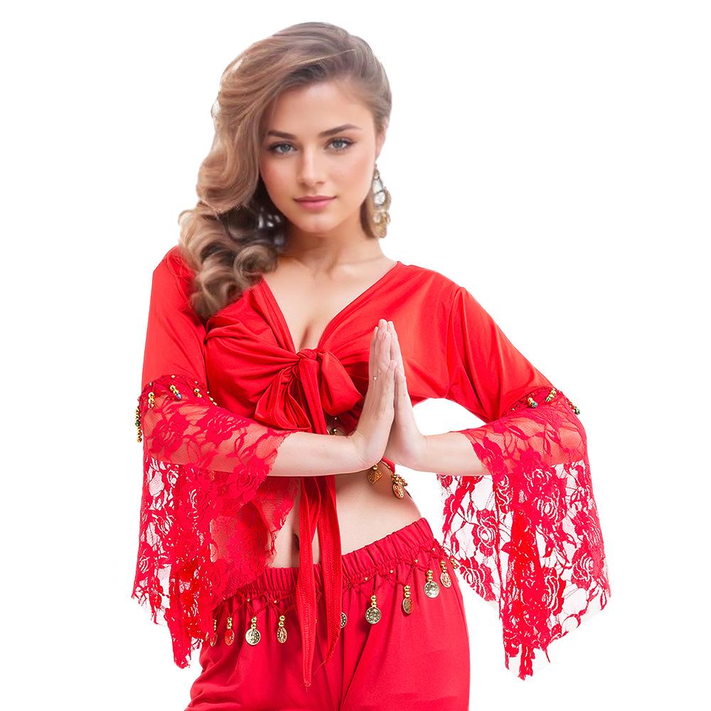 Belly Dance Lace Top with Flared Sleeves and Tassels for Performances
