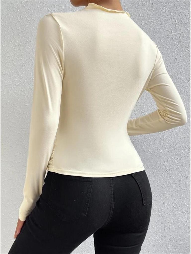 2024 High Neck Solid Color Slim-Fit Women's Long Sleeve Ruched T-Shirt